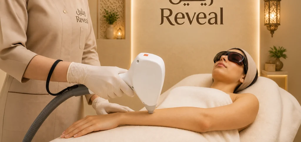 Laser hair removal treatment on underarm at Reveal Clinics Riyadh by a certified dermatologist