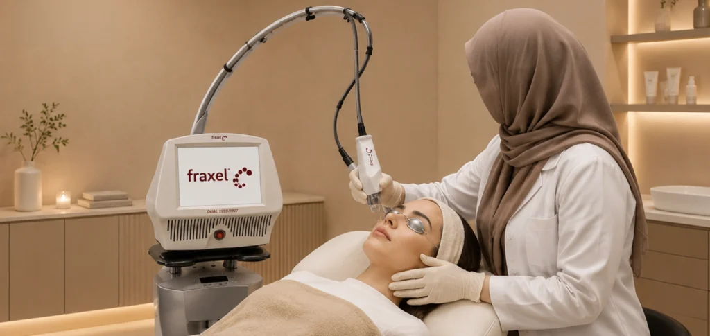 Dermatologist performing Fraxel laser in Riyadh to improve acne scars, skin texture, and overall skin rejuvenation