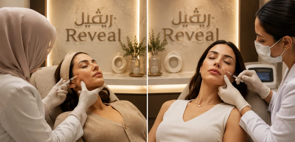 Dermatologist injecting dermal fillers on patient at Reveal Clinics Riyadh for natural facial rejuvenation